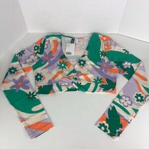 Nwt - H&m Knot-Detail Crop Top. Floral Print In Green/Orange Color. Size: M.